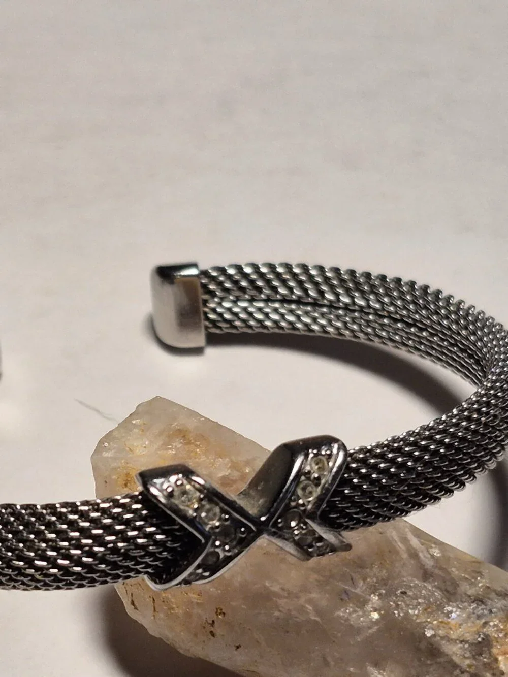 Skagen Silver Tone Woven Mesh Cuff Bracelet Cross/X Centerpiece Rhinestones